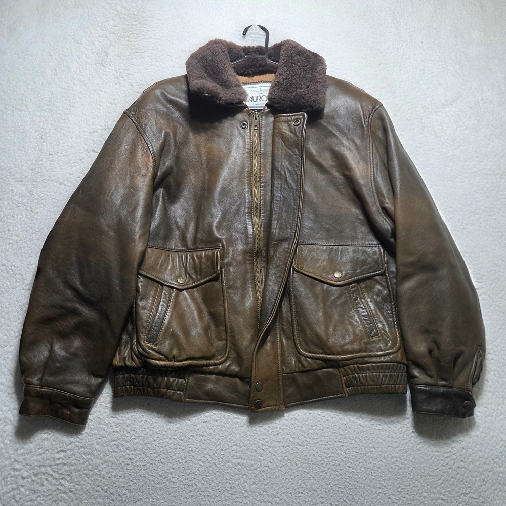 Vintage Aurora Bomber Jacket Mens Large Brown Cow Skin Leather Faux Fur Aviator